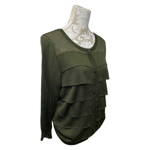 Talbots Tiered Ruffle Front Knit Cardigan, Dark Olive, nwot size L - Picture 2 of 7